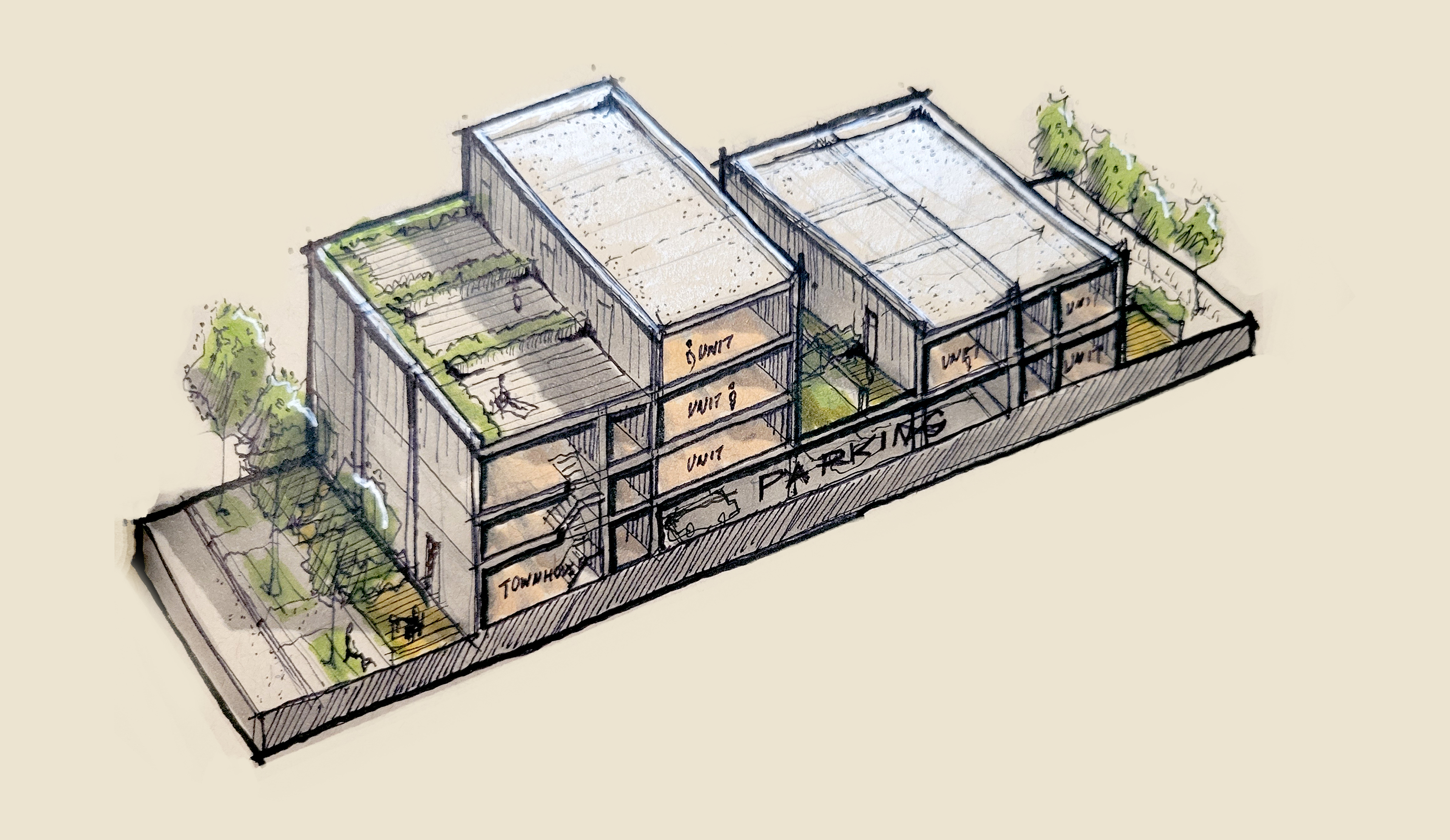 A mixed media sketch of a building section by Matt Pauly